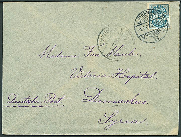 20 øre Våben på brev fra Kjøbenhavn d. 1.6.1902 til Damaskus, Syrien.