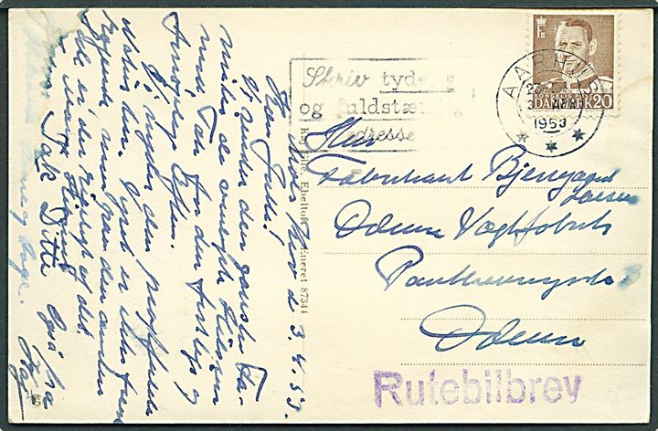 20 øre Fr. IX på brevkort dateret Mols Kro stemplet Aarhus d. 3.4.1953 og sidestemplet Rutebilbrev til Odense.