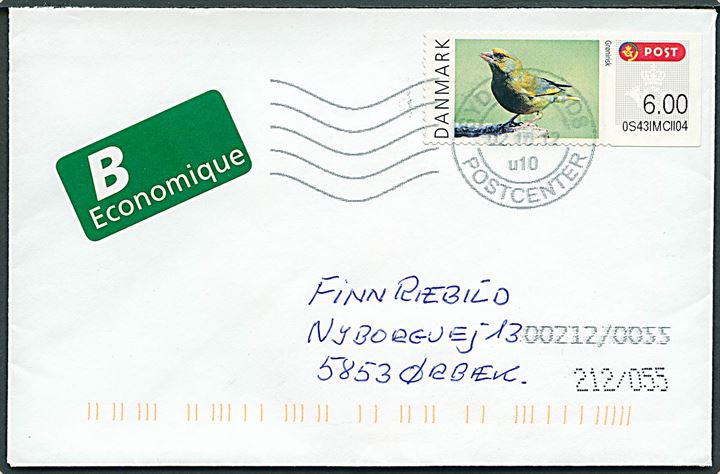 6 kr. Grønirisk frankeringsetiket på B-brev stemplet Sydjyllands Postcenter d. 2.10.2012 til Ørbæk.