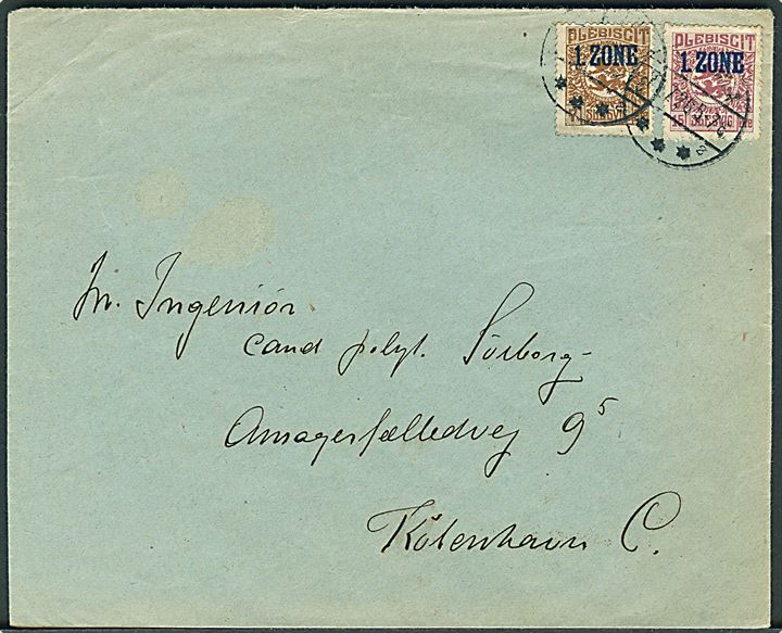 7 øre og 15 øre 1. Zone på brev annulleret med brotype IVb Aabenraa sn2 d. 11.7.1920 til København.