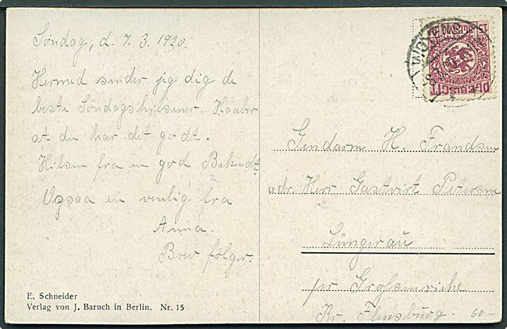 15 pfg. Fælles udg. på brevkort fra Woyens d. 8.3.1920 til Flensburg.