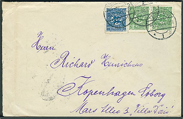 5 pfg. (2) og 20 pfg. Fælles udg. på brev fra Flensburg d. 5.2.1920 til København.