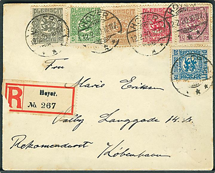 2½ pfg. til 20 pfg. Fælles udg. på 60 pfg. frankeret anbefalet brev fra Hoyer d. 12.2.1920 til København.