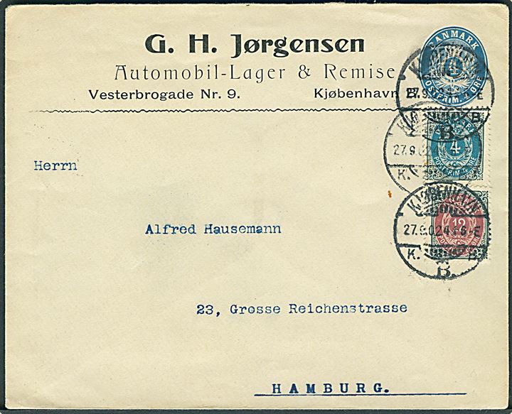 4 øre helsagskuvert opfrankeret med 4 øre og 12 øre Tofarvet fra Kjøbenhavn d. 27.9.1902 til Hamburg, Tyskland. Tape på bagsiden.
