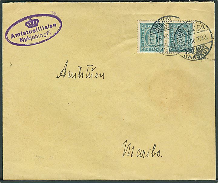 4 øre Tjenestemærke i parstykke på brev fra Amtstuefilialen Nykjøbing F. annulleret med bureaustempel Orehoved - Nakskov T.03 d. 26.4.1900 til Maribo.