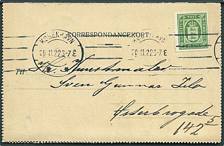 10 øre Tjenestemærke på korrespondancekort fra Københavns Overpræsidium sendt lokalt i København d. 20.11.1922.