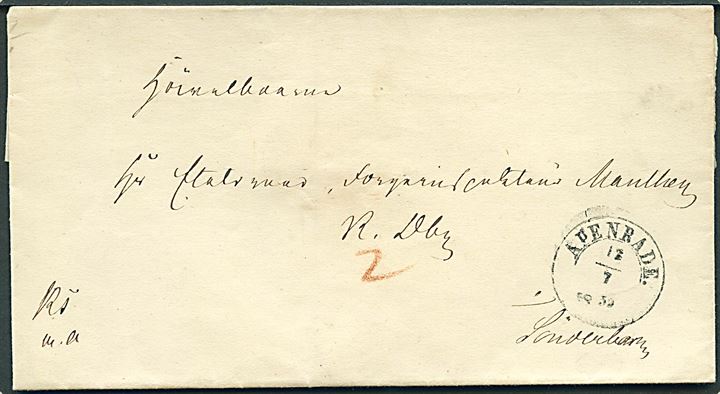 1852. Tjenestebrev mærket K.T.m.A. med 1½-ringsstempel Apenrade. d. 12.7.1852 til Sønderborg. Påskrevet 2 sk.