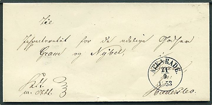 1853. Ufrankeret tjenestebrev mærket K.T.m.Att. med antiqua Apenrade. d. 21.9.1853 til Gram pr. Haderslev.