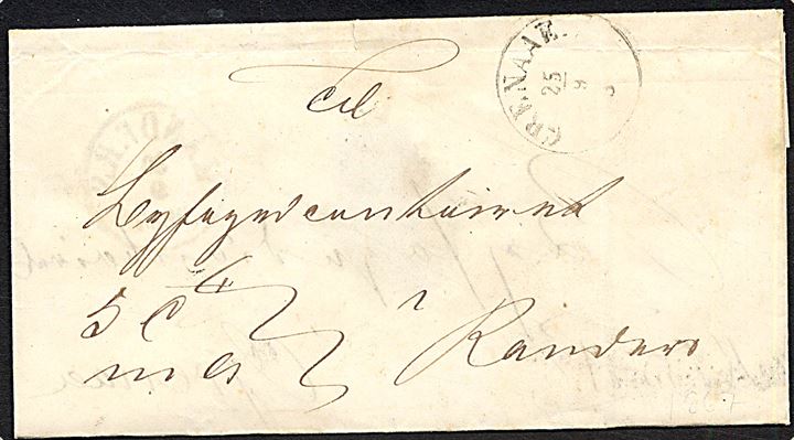 1867. Tjenestebrev mærket K.T.m.A. med antiqua Grenaae. d. 25.9.1867 via Jydske JB.P.B. til Randers. Brevet vendt og anvendt som tjenestebrev med antiqua Randers d. 30.9.1867 via Aarhus til Grenaa. 