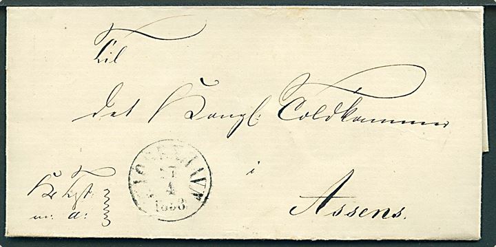 1853. Ufrankeret tjenestebrev mærket K.T.m.a. med antiqua Kiøbenhavn d. 17.4.1853 til Kongl. Toldkammer i Assens. På bagsiden laksegl: Kjøbenhavns Toldkammer.