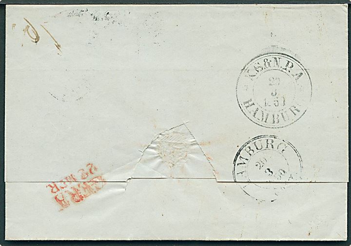 1850. Portobrev fra Stockholm d. 15.3.1850 via Helsingør d. 19.3. og K.S. & N.P.A. Hamburg d. 20.3. til Gera, Sachsen. Liniestempel: SUEDE.