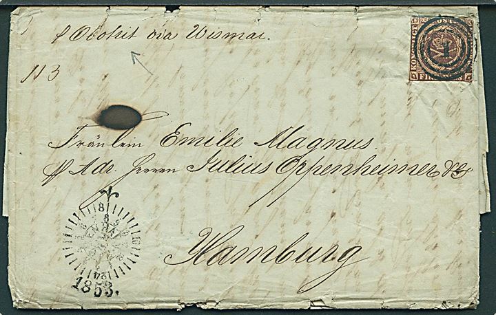 4 R.B.S. Thiele II på dampskibsbrev påskrevet p. Obotrit via Wismar annulleret med nr.stempel 1 og sidestemplet med kompasstempel Kjøbenhavn d. 9.8.1853 til Hamburg. Brevet noget slidt i kanterne.