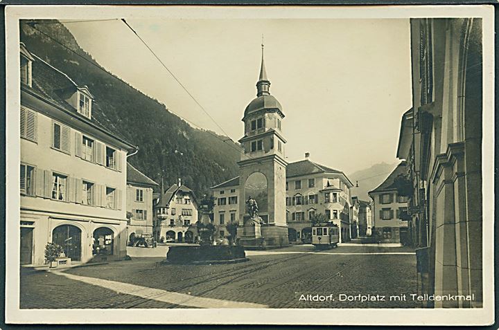 Altdorf. Dorfplatz mit Telldenkmak. Sporvogn no. 3. Fotokort. No. 3984. 