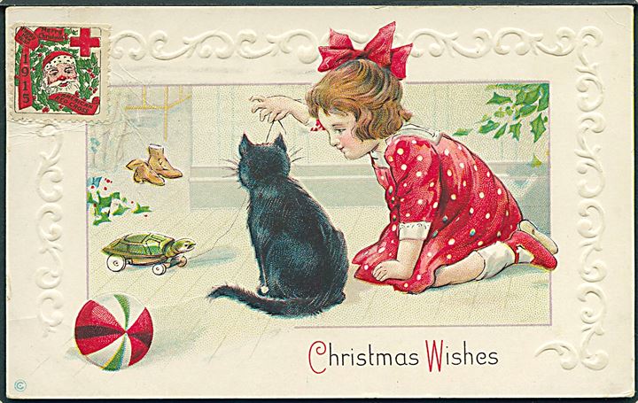 Christmas Wishes. Pige og sort kat. Prægekort. Series 338 F. (Afrevet mærke). 