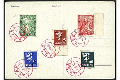 10 øre, 20 øre Sturlason, 25 øre, 30 øre og 40 øre Løve på uadresseret brevkort annulleret med RØDT stempel Fauske d. 6.10.1942.