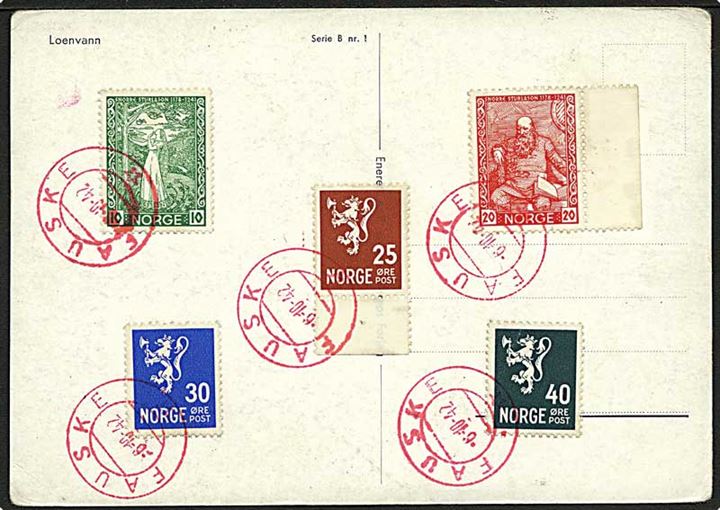 10 øre, 20 øre Sturlason, 25 øre, 30 øre og 40 øre Løve på uadresseret brevkort annulleret med RØDT stempel Fauske d. 6.10.1942.