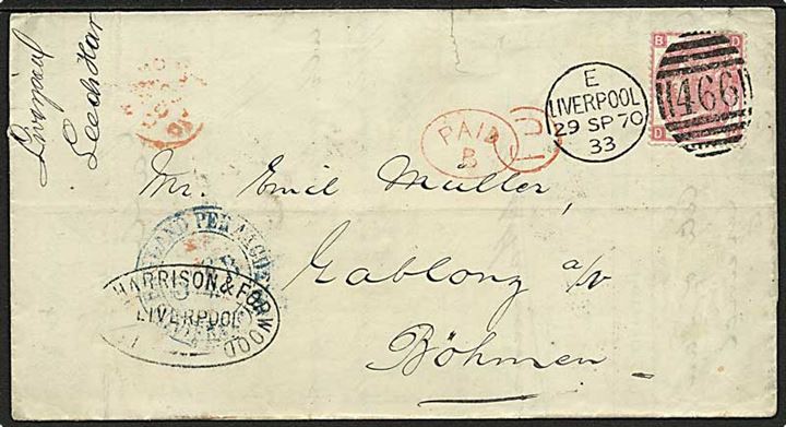 3d Victoria på foldebrev annulleret med duplex stempel Liverpool/466 d. 29.9.1870 via London og Aachen til Gablonz i Böhmen, Østrig.