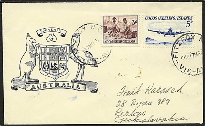 3d og 5d Cocos (Keeling) Islands på brev stemplet Fitzroy d. 17.3.1965 til Tjekkoslovakiet.