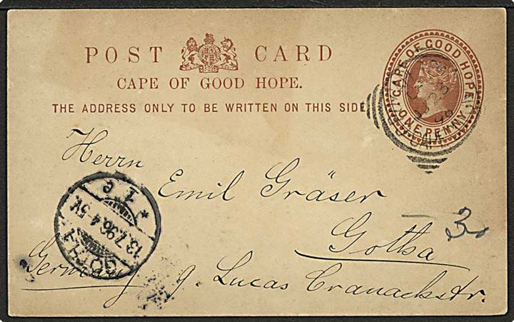 1d Victoria helsagsbrevkort fra GPO Cape Town Cape Colony d. 23.7.1896 til Gotha, Tyskland.