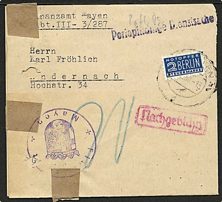 Ufrankeret Portopflichtige Dienstsache med 2 pfg. Berlin Notopfer fra Mayen 1950 til Andernach. Udtakseret i 20 pfg. porto.