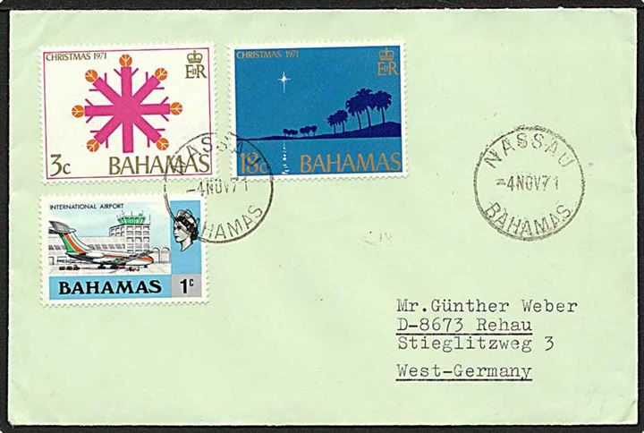 Jule udg. på 22 cents frankeret brev fra Nassau d. 4.11.1971 til Rehau, Tyskland.