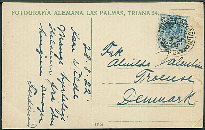 25 cts. Alfonso XIII på brevkort fra Las Palmas, Kanariske Øer annulleret med britisk skibspoststempel Paquebot Plymouth 2 d. 3.9.1922 til Troense, Danmark.