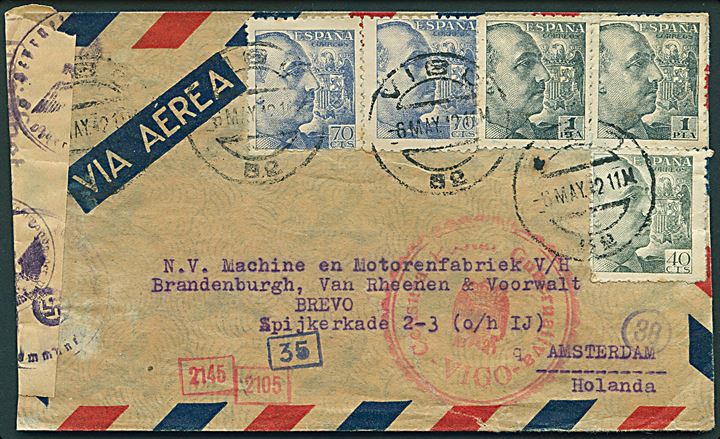 40 cts., 70 cts. (2) og 1 pta. (2) Franco på luftpostbrev fra Vigo d. 6.5.1942 via Madrid til Amsterdam, Holland. Lokal spansk censur fra Vigo og tysk censur fra München.