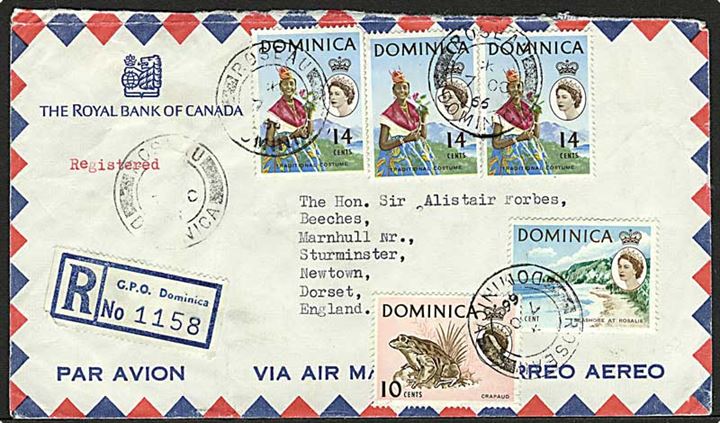 53 cents blandingsfrankeret anbefalet luftpostbrev fra Roseau Dominica d. 7.10.1966 til Dorset, England.