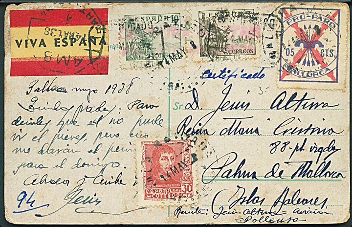 5 cts., 10 cts. Rytter, 30 cts. og 5 cts. Pro-Paro Mallorca velgørenhed på anbefalet luftpost brevkort med flere lidt utydelige stempler i maj 1938 til Palma de Mallorca. Lokal rød censur fra Palma de Mallorca.