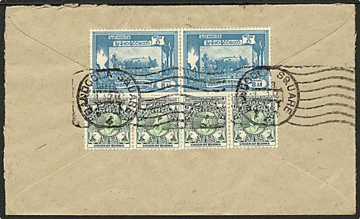 6 ps. (4) og 8 As (par) på bagsiden af lille luftpostbrev fra Rangoon stemplet Bandoola Square d. 18.2.1953 til København, Danmark.