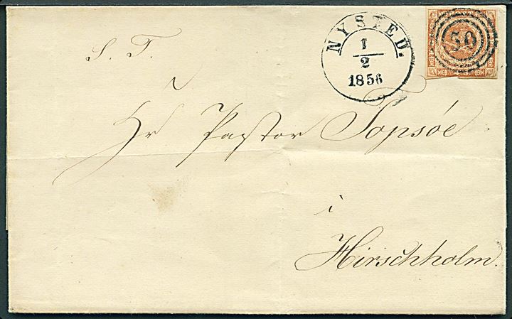 4 sk. 1854 udg. på brev annulleret med nr.stempel 50 og sidestemplet med 1½-ringsstempel Nysted. d. 1.2.1856 til Hirschholm. 