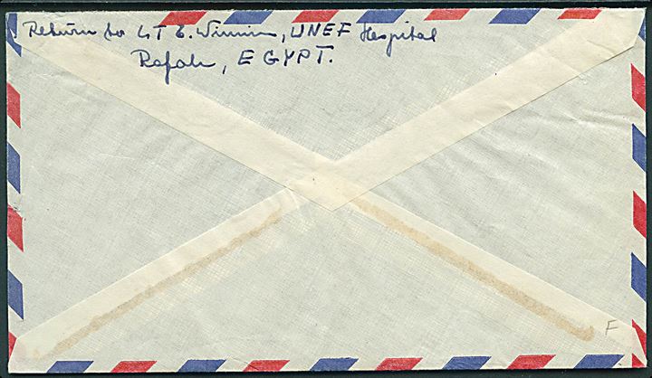 Ufrankeret luftpostbrev stemplet United Nations Emergency Force d. 21.7.1959 til Rødekro, Danmark. Fra dansk FN-soldat ved UNEF Hospital, Rafah, Egypten.