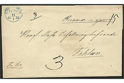 1855. Ufrankeret anbefalet franko-brev stemplet Stockholm Fr.Br. d. 11.1.1855 til Fahlun. 