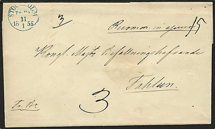 1855. Ufrankeret anbefalet franko-brev stemplet Stockholm Fr.Br. d. 11.1.1855 til Fahlun. 