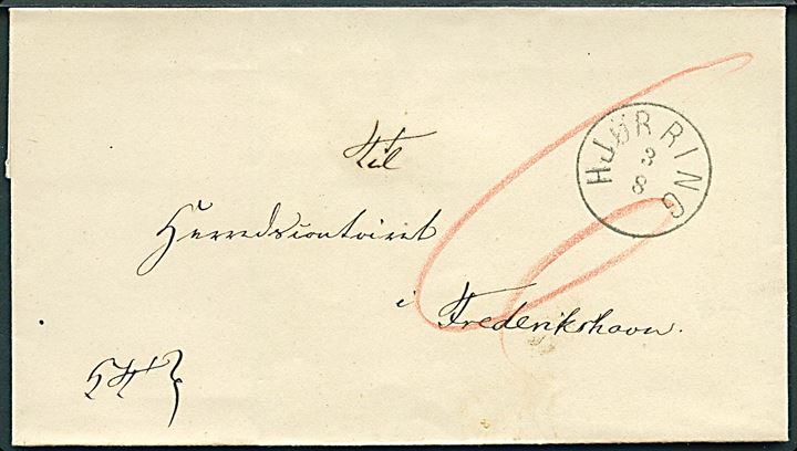 1867. Ufrankeret tjenestebrev mærket K.T. med lapidar Hjørring d. 3.8.1867 til Frederikshavn. På bagsiden RØDT antiqua ank.stempel Frederikshavn d. 3.8.1867.