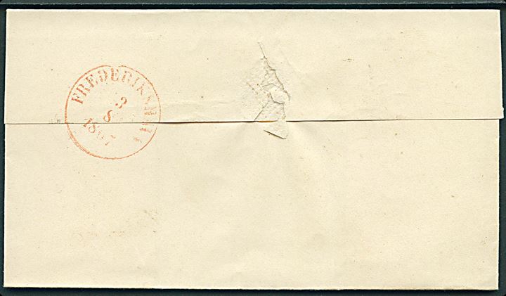 1867. Ufrankeret tjenestebrev mærket K.T. med lapidar Hjørring d. 3.8.1867 til Frederikshavn. På bagsiden RØDT antiqua ank.stempel Frederikshavn d. 3.8.1867.