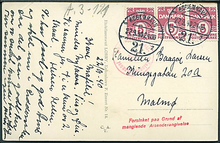 5 øre Bølgelinie (3) på brevkort fra København 21 d. 27.9.1940 til Maølmö, Sverige. Dansk censur med stempel: Forsinket paa Grund af manglende Afsenderangivelse.