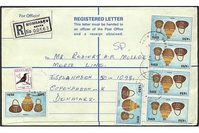 Blandingsfrankeret anbefalet brev fra Mombassa d. 25.8.1995 til København, Danmark.