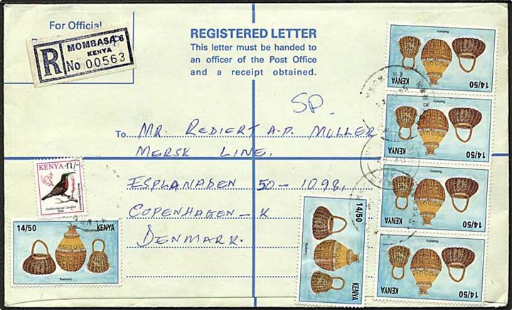 Blandingsfrankeret anbefalet brev fra Mombassa d. 25.8.1995 til København, Danmark.