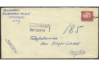 20 cents Golden Gate single på anbefalet brev fra Chicago d. 9.6.1930 til Insjön, Sverige.