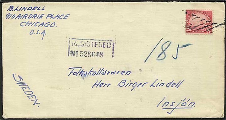 20 cents Golden Gate single på anbefalet brev fra Chicago d. 9.6.1930 til Insjön, Sverige.