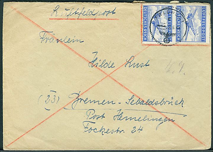 Luftfeldpost mærke i parstykke på brev stemplet Feldpost d. 29.6.1944 til Bremen, Tyskland. Fra soldat ved feldpost nr. 56091 = 14. (Panzerjäger) Kompanie Jäger-Regiment 41 (L) i Nordrusland.