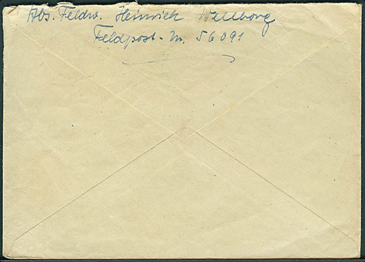 Luftfeldpost mærke i parstykke på brev stemplet Feldpost d. 29.6.1944 til Bremen, Tyskland. Fra soldat ved feldpost nr. 56091 = 14. (Panzerjäger) Kompanie Jäger-Regiment 41 (L) i Nordrusland.