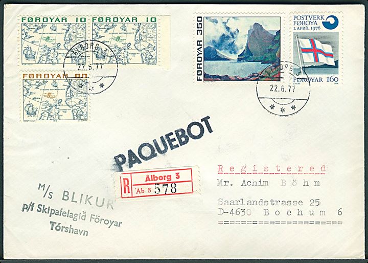 Div. udgaver på blandingsfrankeret anbefalet skibsbrev annulleret med postsparestempel Ålborg 3 d. 22.6.1977 og sidestemplet Paquebot (46 mm) til Bochum, Tyskland. Privat skibsstempel fra M/S Blikur.