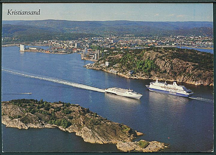 6 kr. Winderberg på brevkort (Kristiansand med Color Line færger) annulleret Hirtshals d. 7.6.1999 og sidestemplet Paquebot (36 mm) til Aschaffenburg, Tyskland. Privat skibsstempel fra M/S Christian IV.