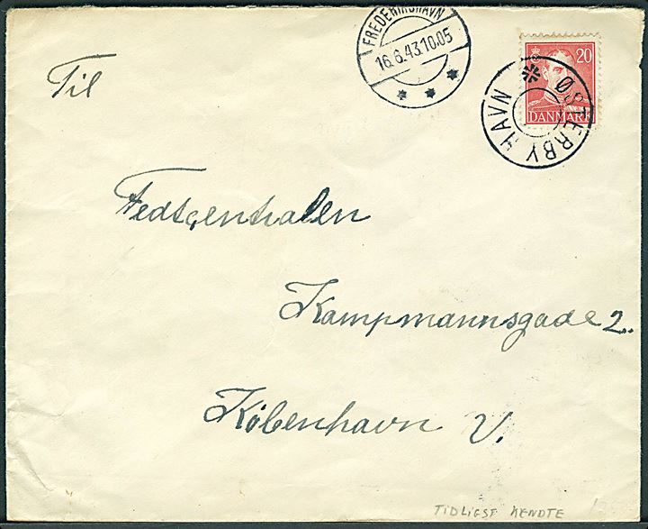 20 øre Chr. X på brev annulleret med udslebet stjernestempel ØSTERBY HAVN og sidestemplet Frederikshavn d. 16.6.1943 til København. Tidligst kendte anvendelse. Sjældent stempel Skilling 2000,-.