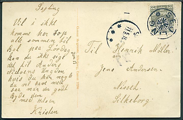 3 øre Bølgelinie på brevkort (Ebstrup Andelsmejeri) annulleret med stjernestempel SEJLING og sidestemplet Silkeborg d. 11.5.1916 til Nissel pr. Silkeborg.