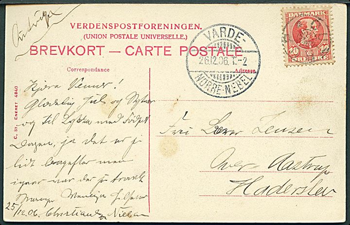 10 øre Chr. IX på brevkort annulleret med stjernestempel OUTRUP og sidestemplet bureau Varde - Nørre-Nebel T.2 d. 26.12.1906 til Haderslev i Nordslesvig.