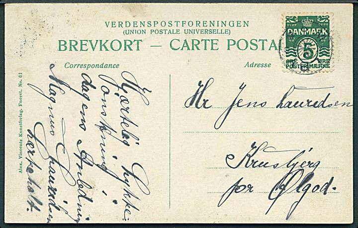 5 øre Bølgelinie på udateret brevkort annulleret med stjernestempel MØLBY til Ølgod.