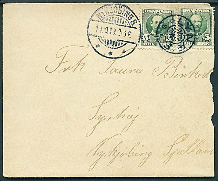 5 øre Fr. VIII (2) på brev annulleret med stjernestempel LYNÆS og sidestemplet Nykjøbing S. d. 14.9.1910 til Nykøbing S.